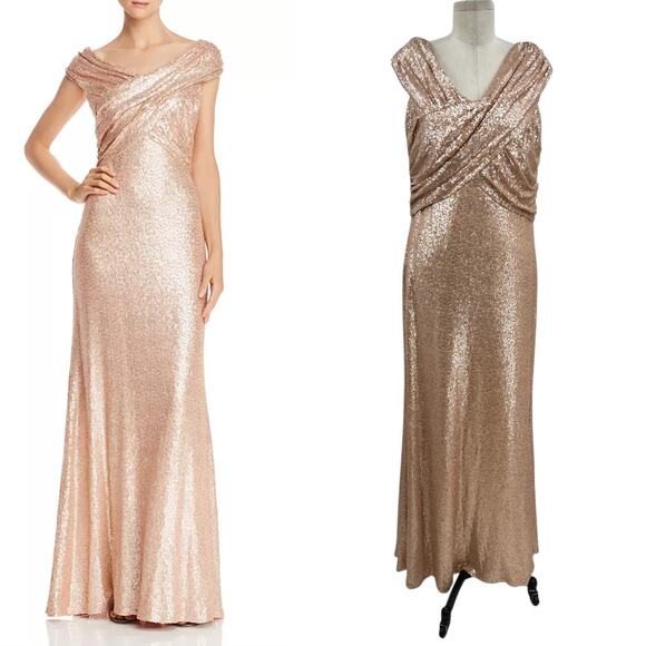 Tadashi Shoji‎ Off-the-Shoulder Sequined Gown Champagne Rose Gold Size XL - Picture 1 of 14